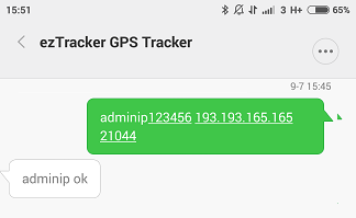 Nu ska ni ställa in ip adress och port i er eztracker till följande: Detta gör ni genom att smsa er GPS Tracker från er mobiltelefon som är administratör av GPS Trackern.