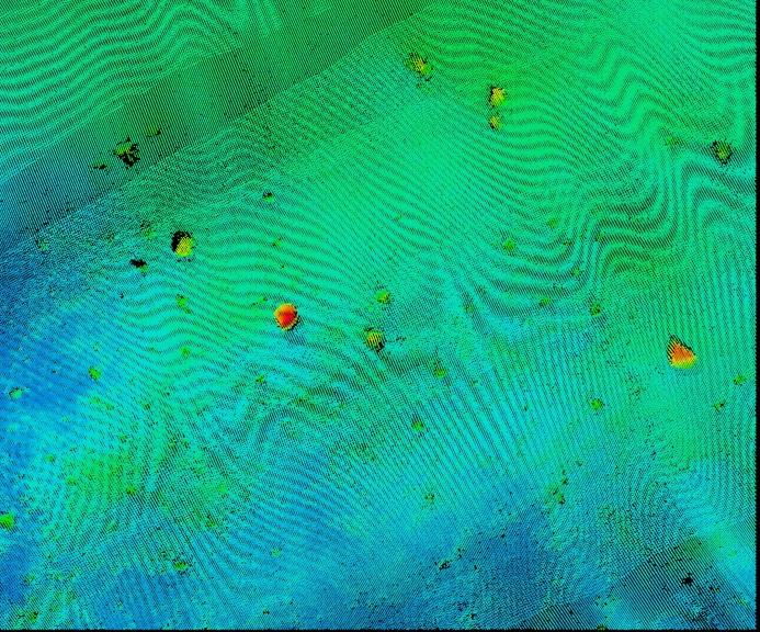 Jämförelse av punkt-täthet, yta 40x40 m, vid medeldjup 4-5 m Objekt, drygt 1 kbm Multibeam, vy uppifrån Normalt 100% överlapp vid djup <20 m Chiroptera, vy uppifrån Normalt 20%