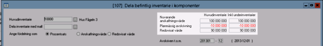 Information om värden hämtas från den inventarie man stod på när man valde komponentuppdelning.