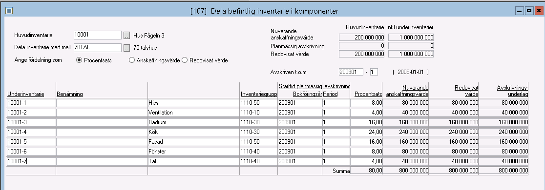 Då en inventarie ska delas kan du använda en mall. Ta översikt och välj mall. Då får du förslag på uppdelning enligt mallen. Acceptera eller ändra föreslagna värden och välj Utför uppdelning.