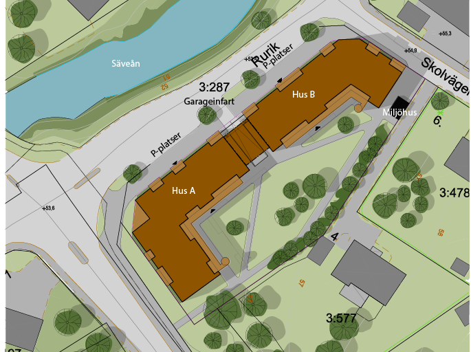 Planförslaget nedan visar de planerade flerbostadshusen på 5 våningar (Se figur 1 och 2).