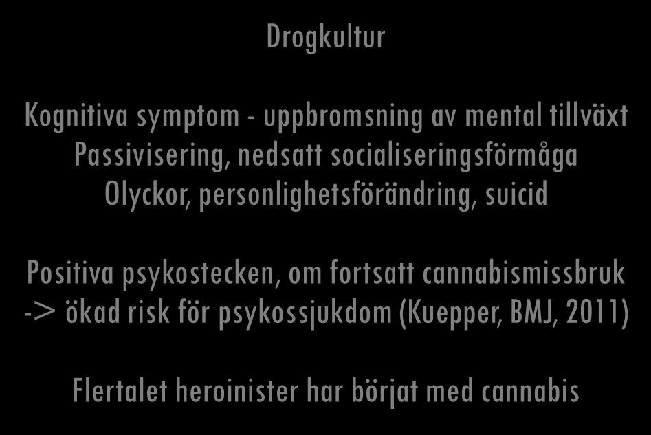 Risker Drogkultur Kognitiva symptom - uppbromsning av mental tillväxt Passivisering, nedsatt socialiseringsförmåga Olyckor, personlighetsförändring,