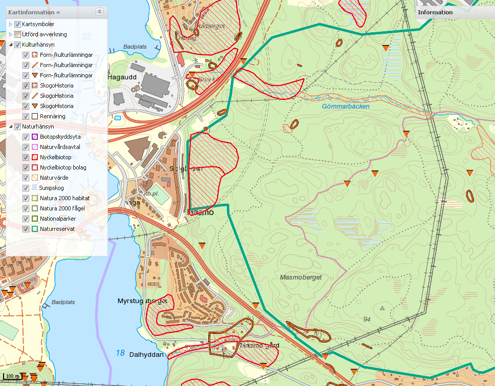 Bilaga 1. Skogsstyrelsen har klassat västligaste delen av Gömmarens naturreservat som nyckelbiotop, rödstreckat område på kartan.