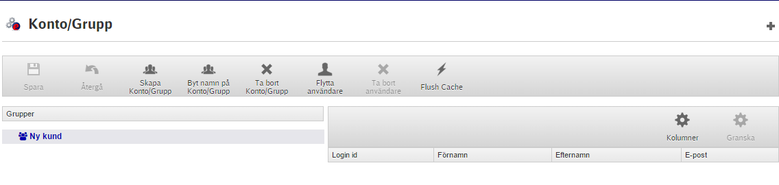 Meny och huvudfunktioner Konto/Grupp Skapa, ändra, flytta och ta bort användare för ett konto.