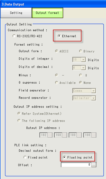 PNSPO! 3. Under fliken Output format ställs kommunikations formatet in för vilken typ av utgång som skall användas. Ethernet eller RS-232C/422.