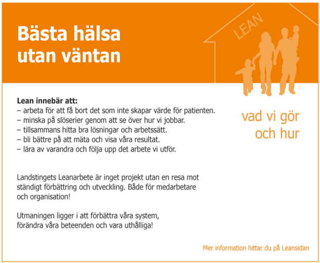 För att visualisera Leanarbete har ett hus tagits fram. Precis som vid ett husbygge kan taket inte läggas innan grunden och väggarna är på plats. Taket är sjukvårdens vision - bäst hälsa utan väntan.