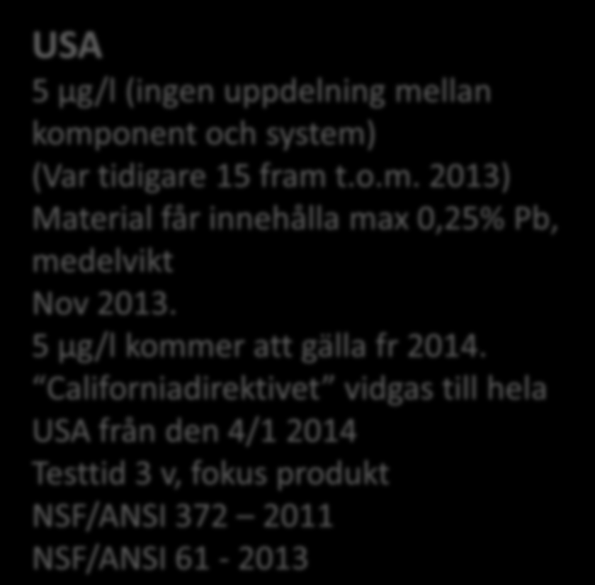 EU (4 MS -> DWD) 10 µg/l (5+5) Material enligt HCACL Testtid 26 v, fokus vatten Vad gäller idag ( juni 2014 ) inom Norden? I Norge gäller NKB4 20 µg. I Danmark gäller 5µg enligt NKB4.