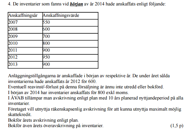 Uppgift 4 = 4a-4e Steg 1(4a): Gör en utrangering av sålda inventarier under året, skall tas bort från konto inventarier 1220 och motkonto är 3970 vinst vid avyttring av inventarier.