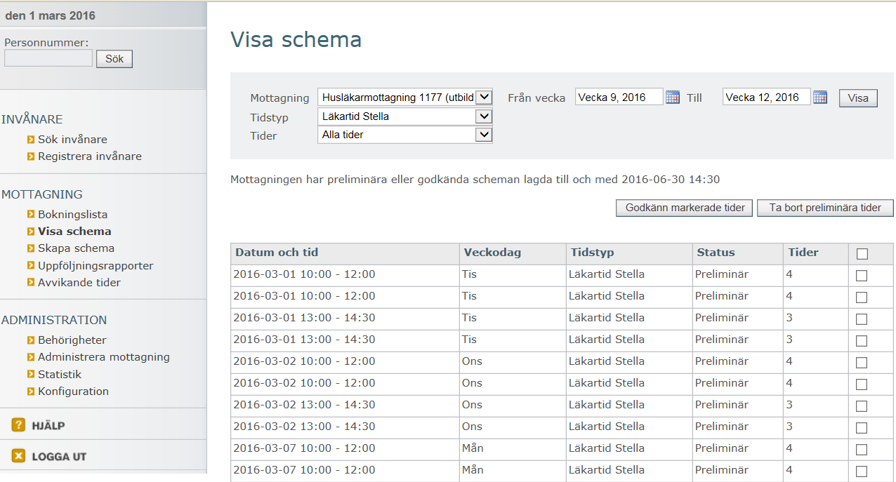 MOTTAGNING - Visa schema