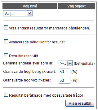 Resultat utan vikt För att se resultat där hänsyn inte tas till om påståendet är viktat eller inte bockar du för rutan vid Resultat utan vikt och klickar därefter på Visa resultat.