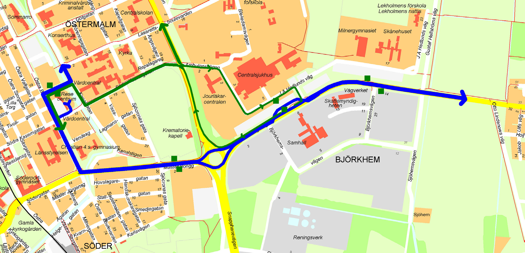 Förslag alternativ 1: Gemensam körväg via Blekingevägen Både stadsbusslinje 1, SkåneExpressen 4 (mot Ystad) och regionbussarna linje 551 (mot Åhus) och 558 (mot Sölvesborg) får ny gemensam körväg