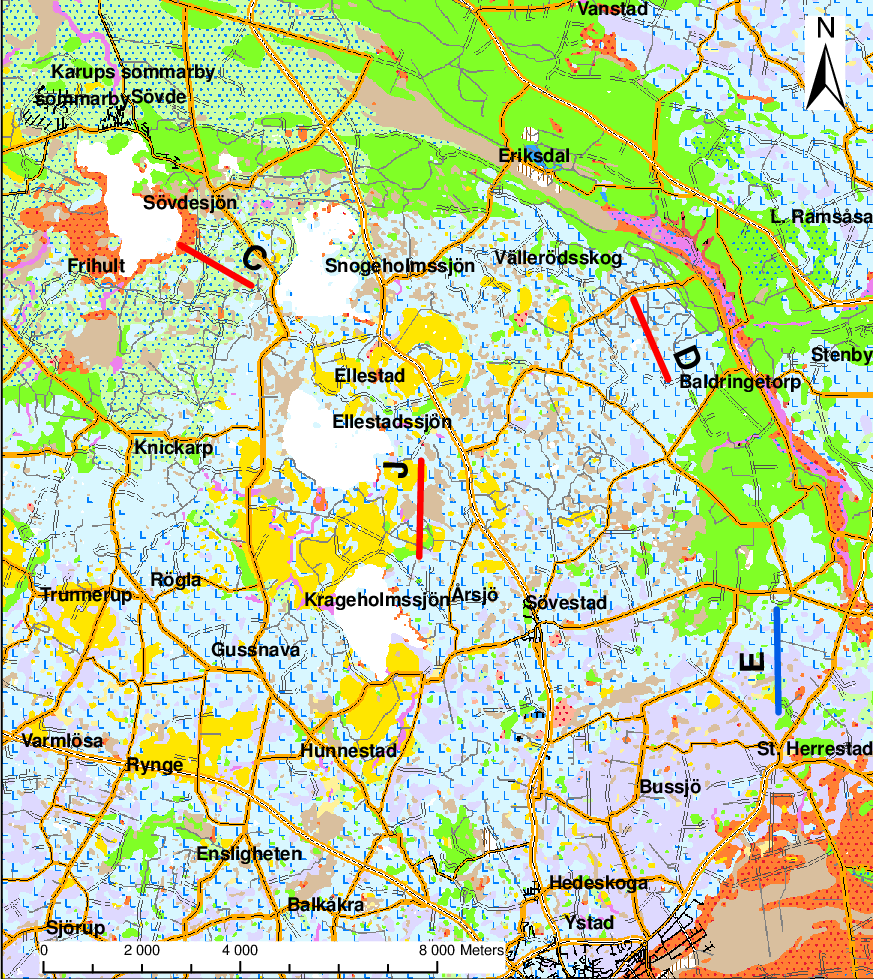 4.2 Ystadslätten Figur 28 Regional översikt över undersökningsområde Ystadslätten innehållande Profil C, D, E samt Profil J.