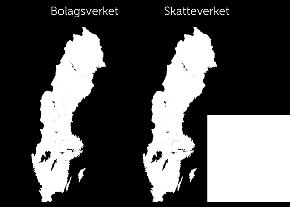 Toppens femmor Nedan återfinns kartor över hur företagarna i Sveriges olika län delar ut andelen femmor till undersökningens etta och tvåa Bolagsverket och Skatteverket.