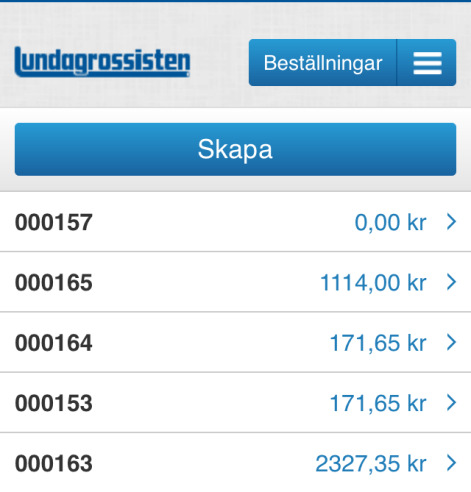 Beställningar För att komma till beställningar så tycker du på den översta meny knappen märkt Beställningar i huvud menyn.