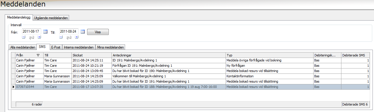I programdelen Meddelanden kan man se vilket debiteringskonto som Sms:et har skickats på. Här ser du också hur många SMS som har skickats ut i det valda intervallet.