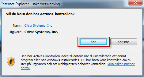 Vid första inloggningstillfället i den nya portalen kan du bli uppmanad att installera ett tillägg i Internet Explorer. För att komma vidare måste du installera tillägget. OBS! Detta sker p.g.a. att https://webaccess.