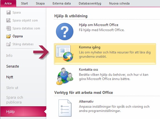 Vi har många kostnadsfria resurser som hjälper dig att lära dig Access 2010, inklusive utbildningskurser och en guide om övergången från menyer till menyfliksområdet där du kan klicka på Access