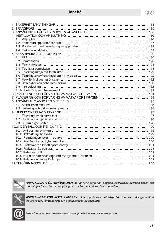 Du hittar svar på alla dina frågor i SMEG F32BCG instruktionsbok (information, specifikationer, säkerhetsanvisningar, tillbehör
