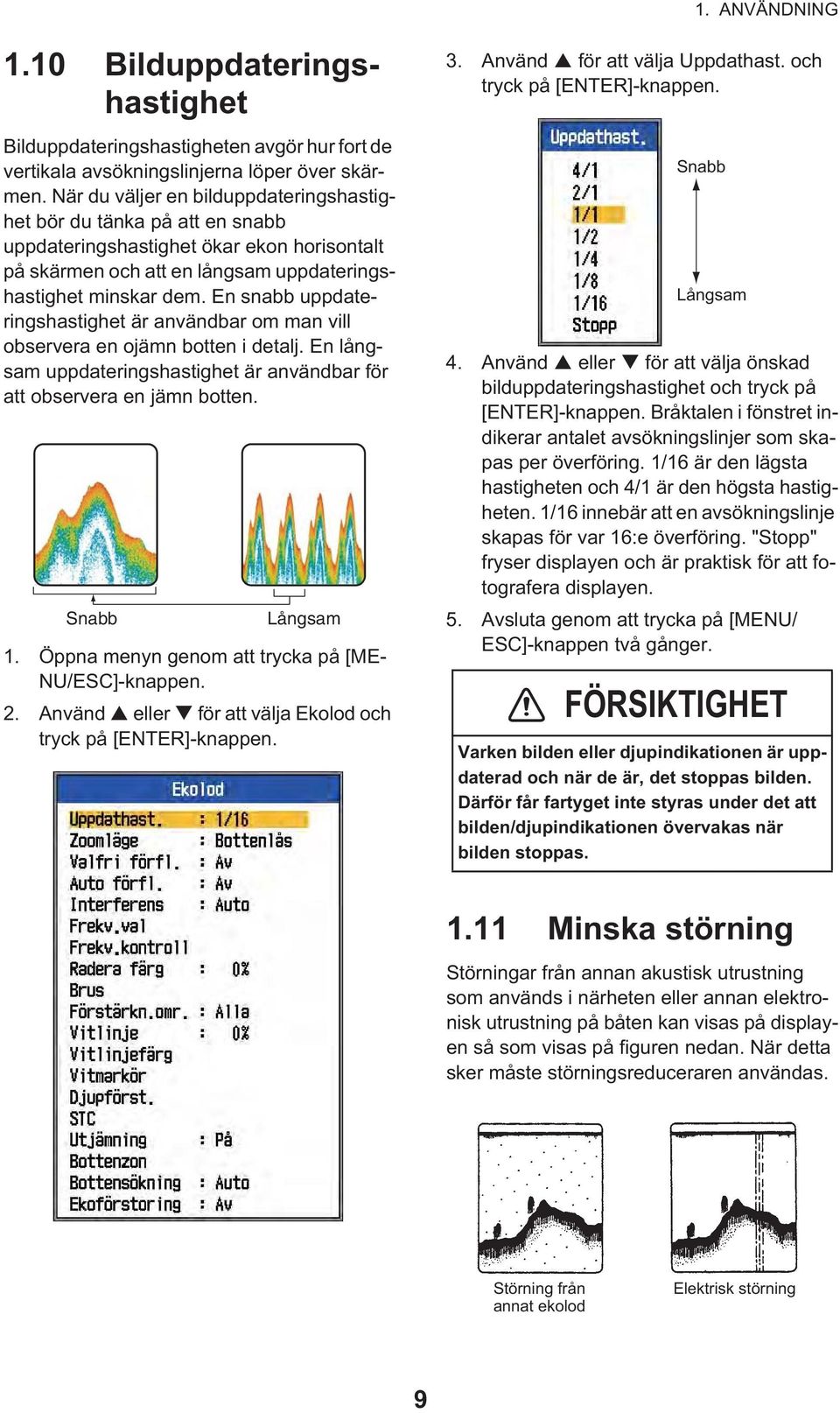 En snabb uppdateringshastighet är användbar om man vill observera en ojämn botten i detalj. En långsam uppdateringshastighet är användbar för att observera en jämn botten. Snabb ångsam 1.
