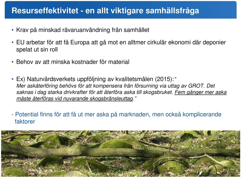 försurning via uttag av GROT. Det saknas i dag starka drivkrafter för att återföra aska till skogsbruket. Fem gånger mer aska måste återföras vid nuvarande skogsbränsleuttag.