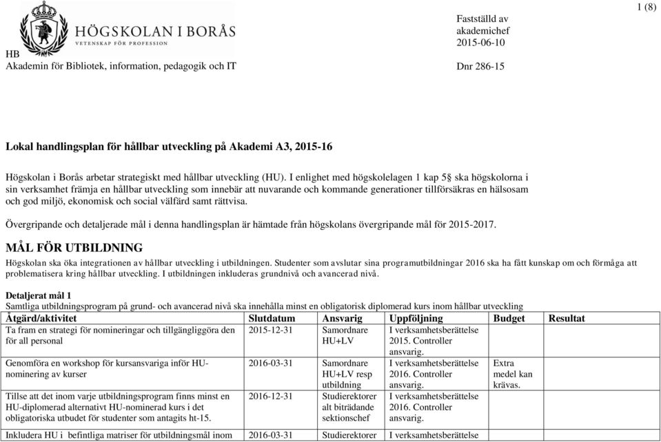 I enlighet med högskolelagen 1 kap 5 ska högskolorna i sin verksamhet främja en hållbar utveckling som innebär att nuvarande och kommande generationer tillförsäkras en hälsosam och god miljö,