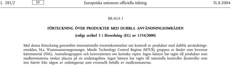 Ingen hänsyn har tagits till produkter som medlemsstaterna önskar placera på en undantagslista.