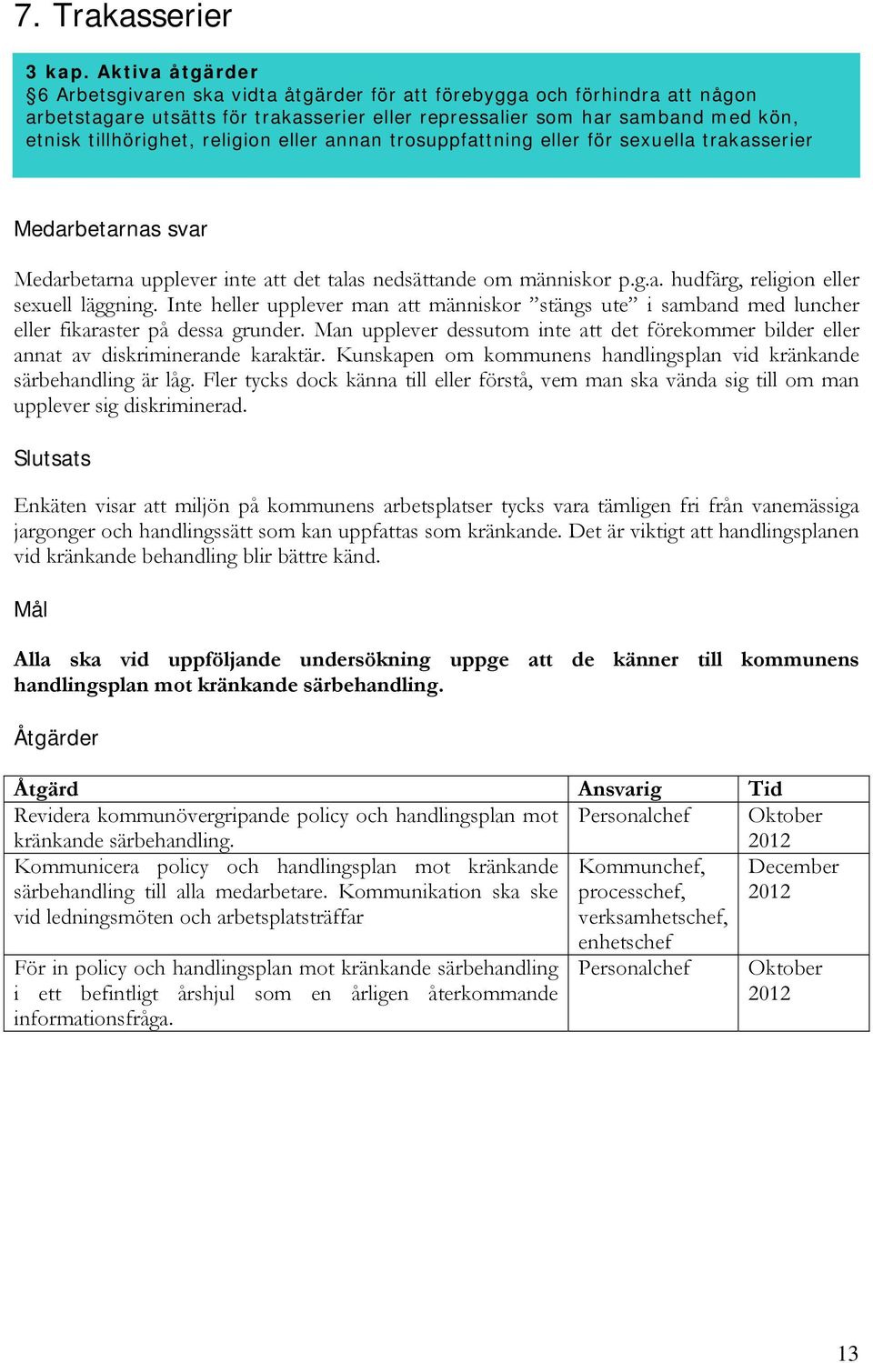 Inte heller upplever man att människor stängs ute i samband med luncher eller fikaraster på dessa grunder. Man upplever dessutom inte att det förekommer bilder eller annat av diskriminerande karaktär.