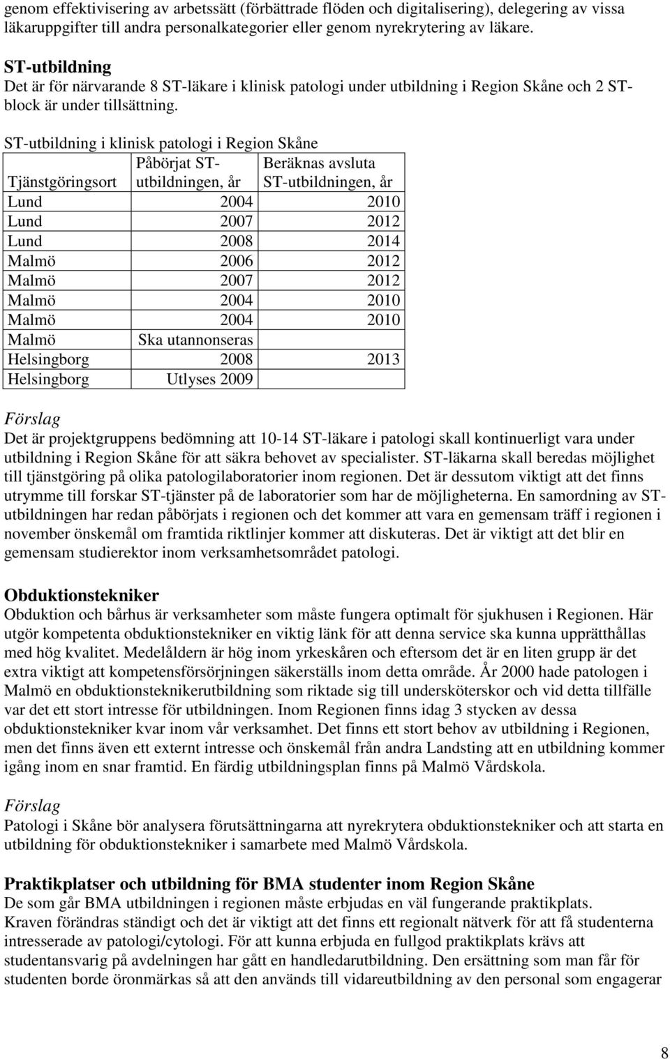 ST-utbildning i klinisk patologi i Region Skåne Tjänstgöringsort Påbörjat STutbildningen, år Beräknas avsluta ST-utbildningen, år Lund 2004 2010 Lund 2007 2012 Lund 2008 2014 Malmö 2006 2012 Malmö