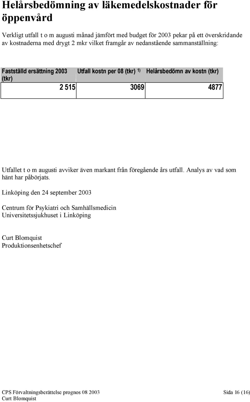 kostn (tkr) 2 515 3069 4877 Utfallet t o m augusti avviker även markant från föregående års utfall. Analys av vad som hänt har påbörjats.