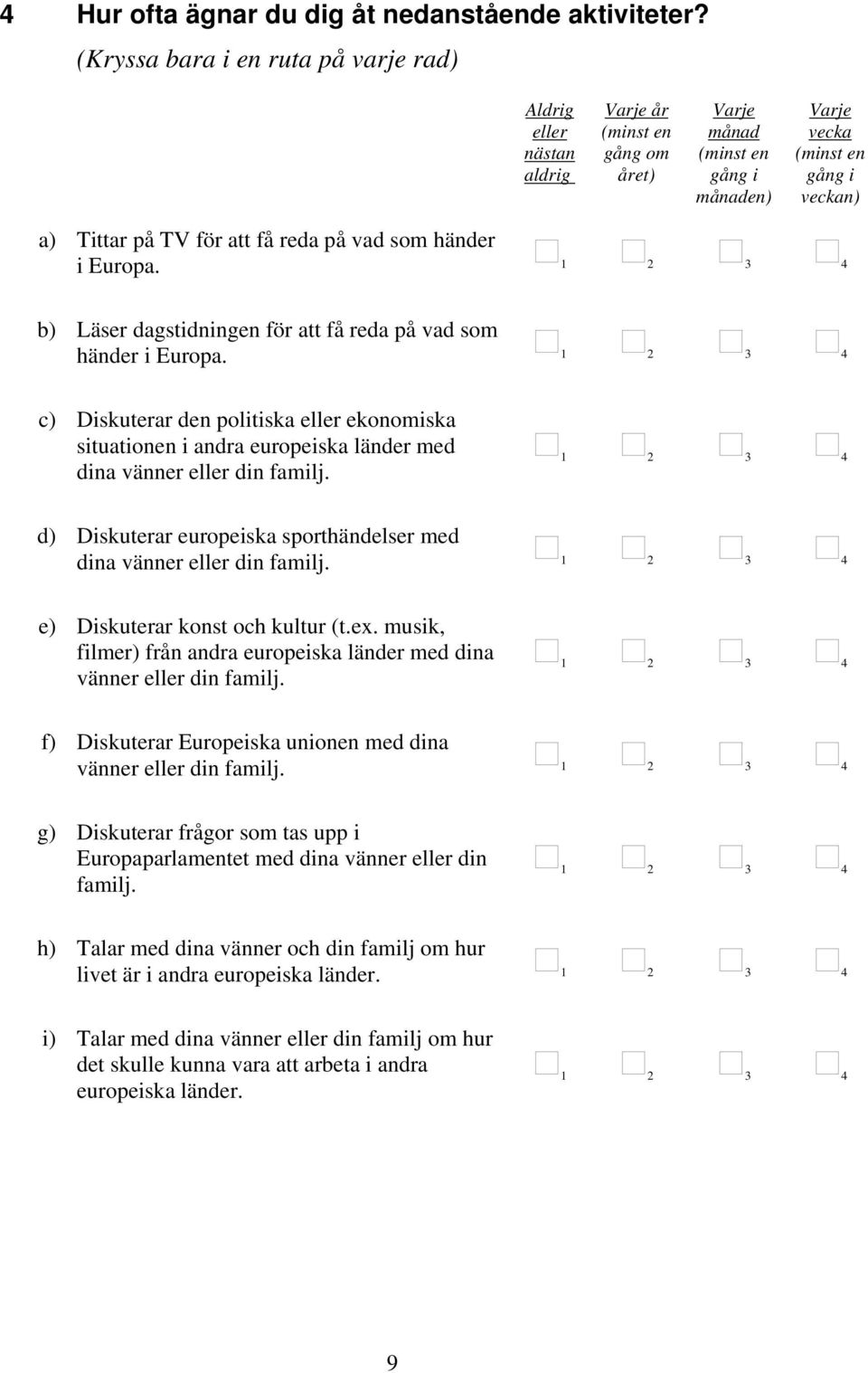 b) Läser dagstidningen för att få reda på vad som händer i Europa. c) Diskuterar den politiska eller ekonomiska situationen i andra europeiska länder dina vänner eller din familj.