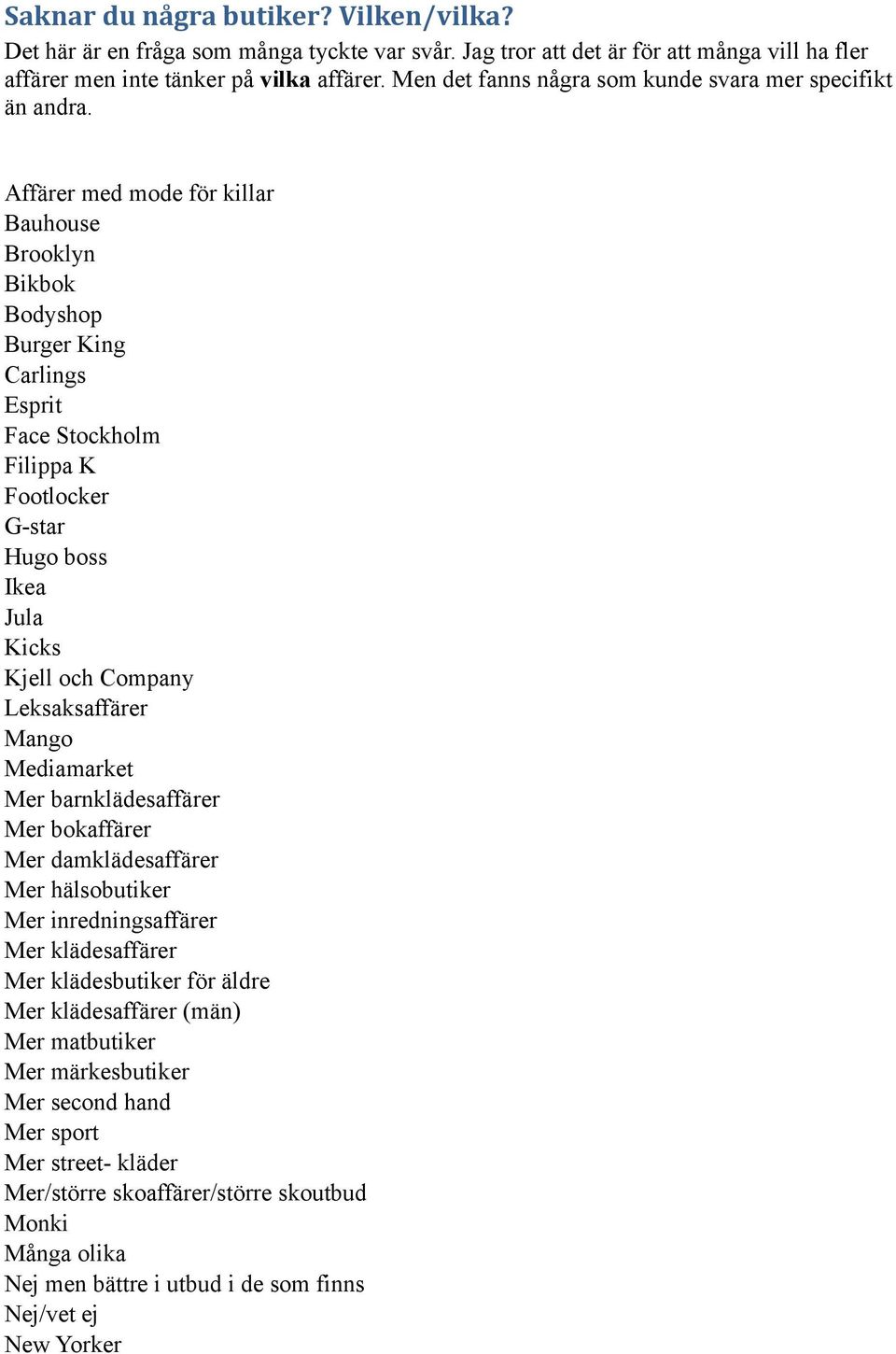 Affärer med mode för killar Bauhouse Brooklyn Bikbok Bodyshop Burger King Carlings Esprit Face Stockholm Filippa K Footlocker G-star Hugo boss Ikea Jula Kicks Kjell och Company Leksaksaffärer Mango