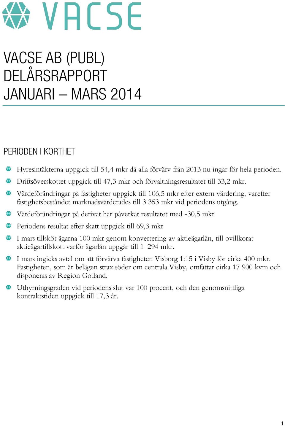 Värdeförändringar på fastigheter uppgick till 106,5 mkr efter extern värdering, varefter fastighetsbeståndet marknadsvärderades till 3 353 mkr vid periodens utgång.