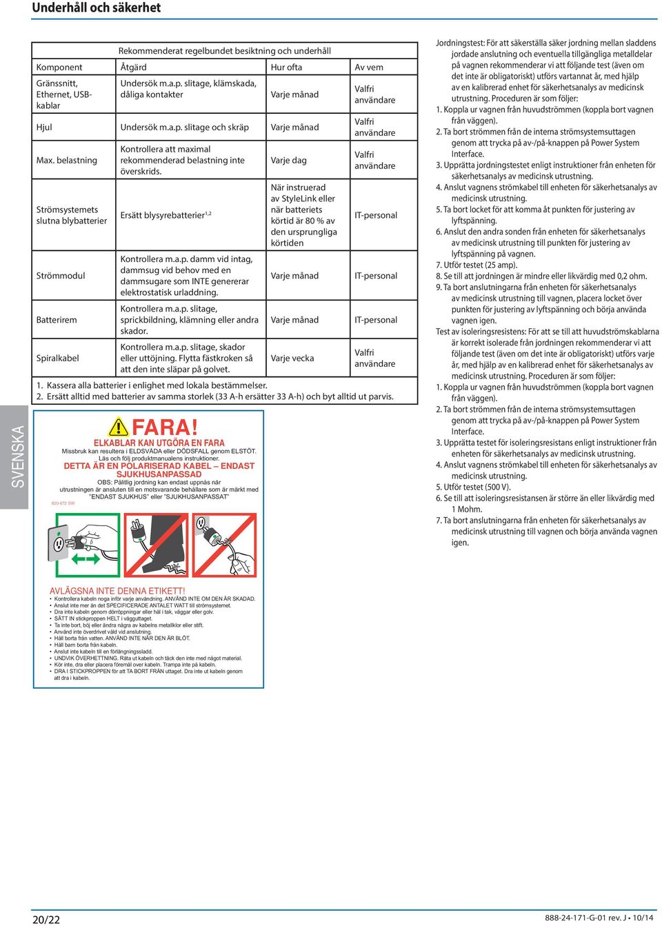 Ersätt lysyreatterier 1,2 Kontrollera m.a.p. damm vid intag, dammsug vid ehov med en dammsugare som INTE genererar elektrostatisk urladdning. Kontrollera m.a.p. slitage, sprickildning, klämning eller andra skador.