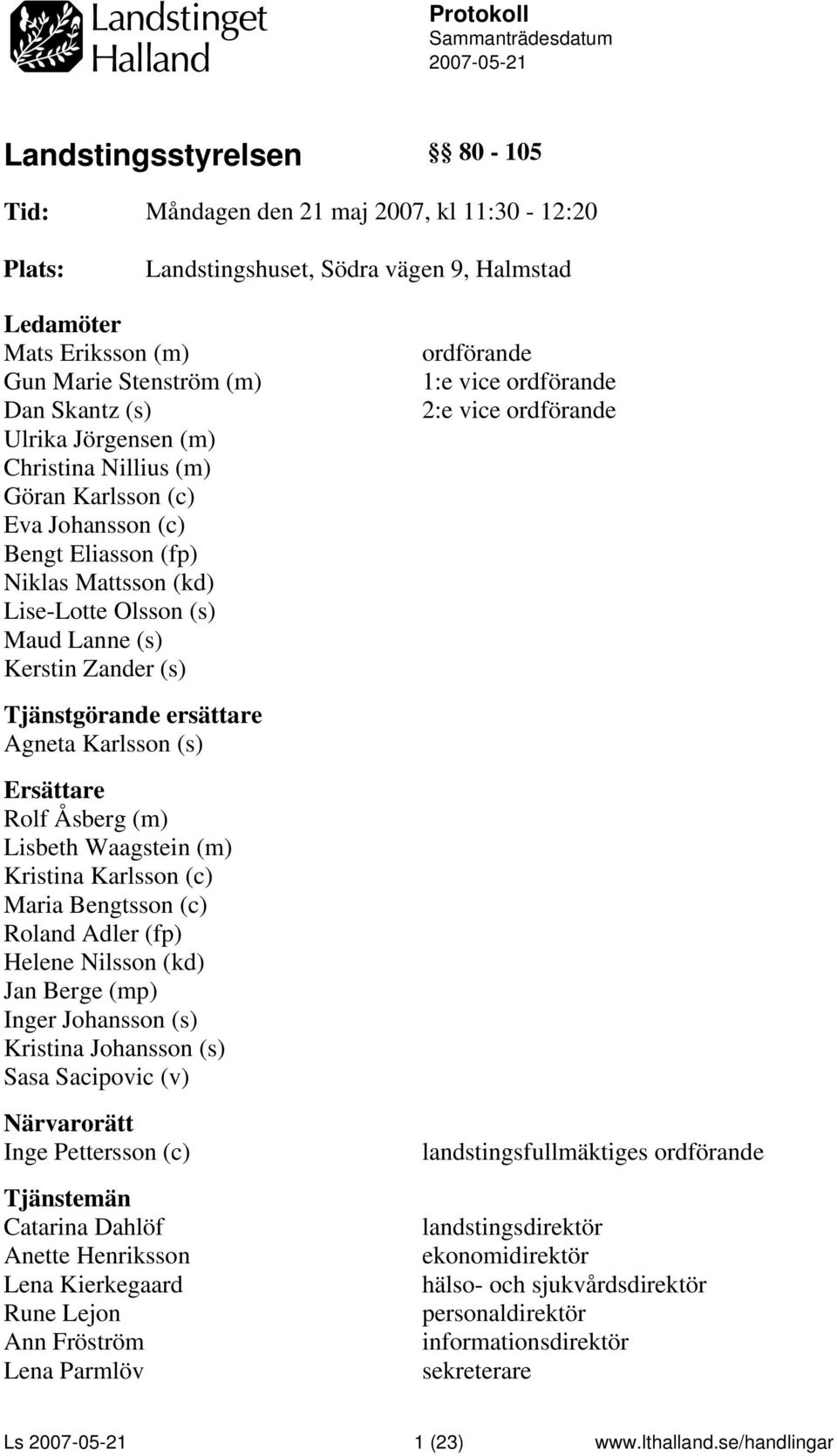 Zander (s) Tjänstgörande ersättare Agneta Karlsson (s) Ersättare Rolf Åsberg (m) Lisbeth Waagstein (m) Kristina Karlsson (c) Maria Bengtsson (c) Roland Adler (fp) Helene Nilsson (kd) Jan Berge (mp)