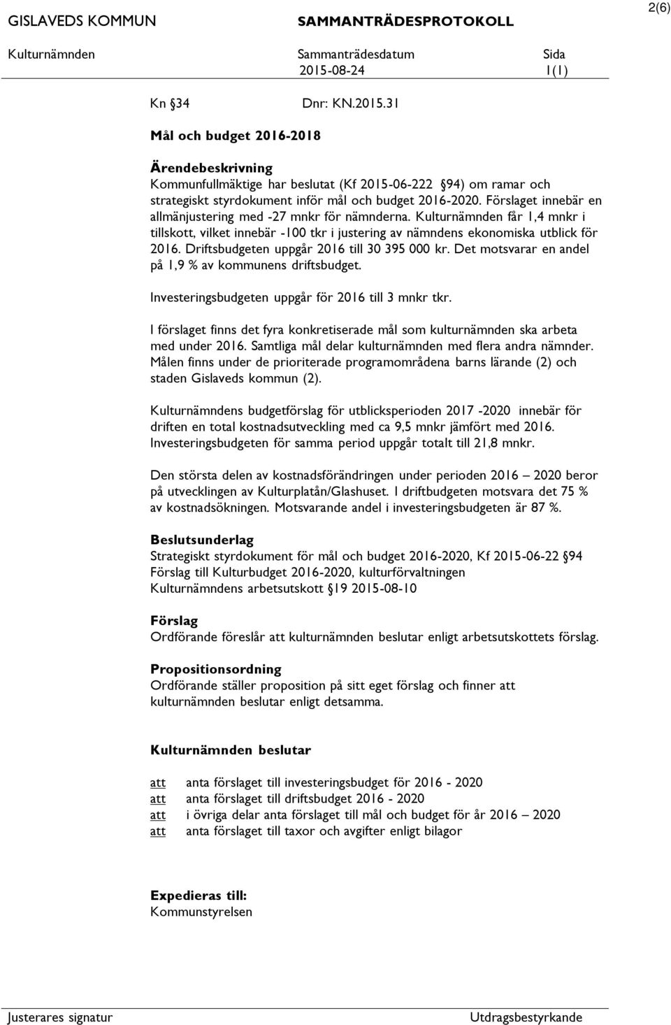 Driftsbudgeten uppgår 2016 till 30 395 000 kr. Det motsvarar en andel på 1,9 % av kommunens driftsbudget. Investeringsbudgeten uppgår för 2016 till 3 mnkr tkr.