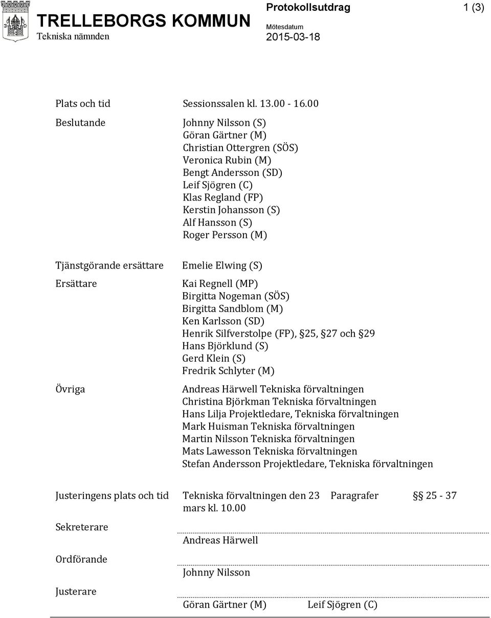 Persson (M) Tjänstgörande ersättare Emelie Elwing (S) Ersättare Kai Regnell (MP) Birgitta Nogeman (SÖS) Birgitta Sandblom (M) Ken Karlsson (SD) Henrik Silfverstolpe (FP), 25, 27 och 29 Hans Björklund