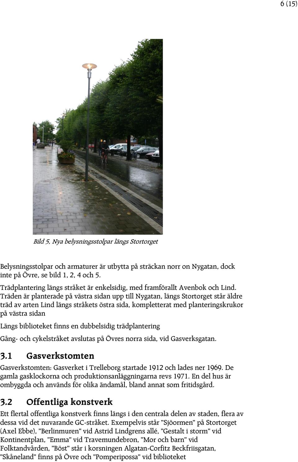 Träden är planterade på västra sidan upp till Nygatan, längs Stortorget står äldre träd av arten Lind längs stråkets östra sida, kompletterat kompletterat med planteringskrukor på västra sidan Längs