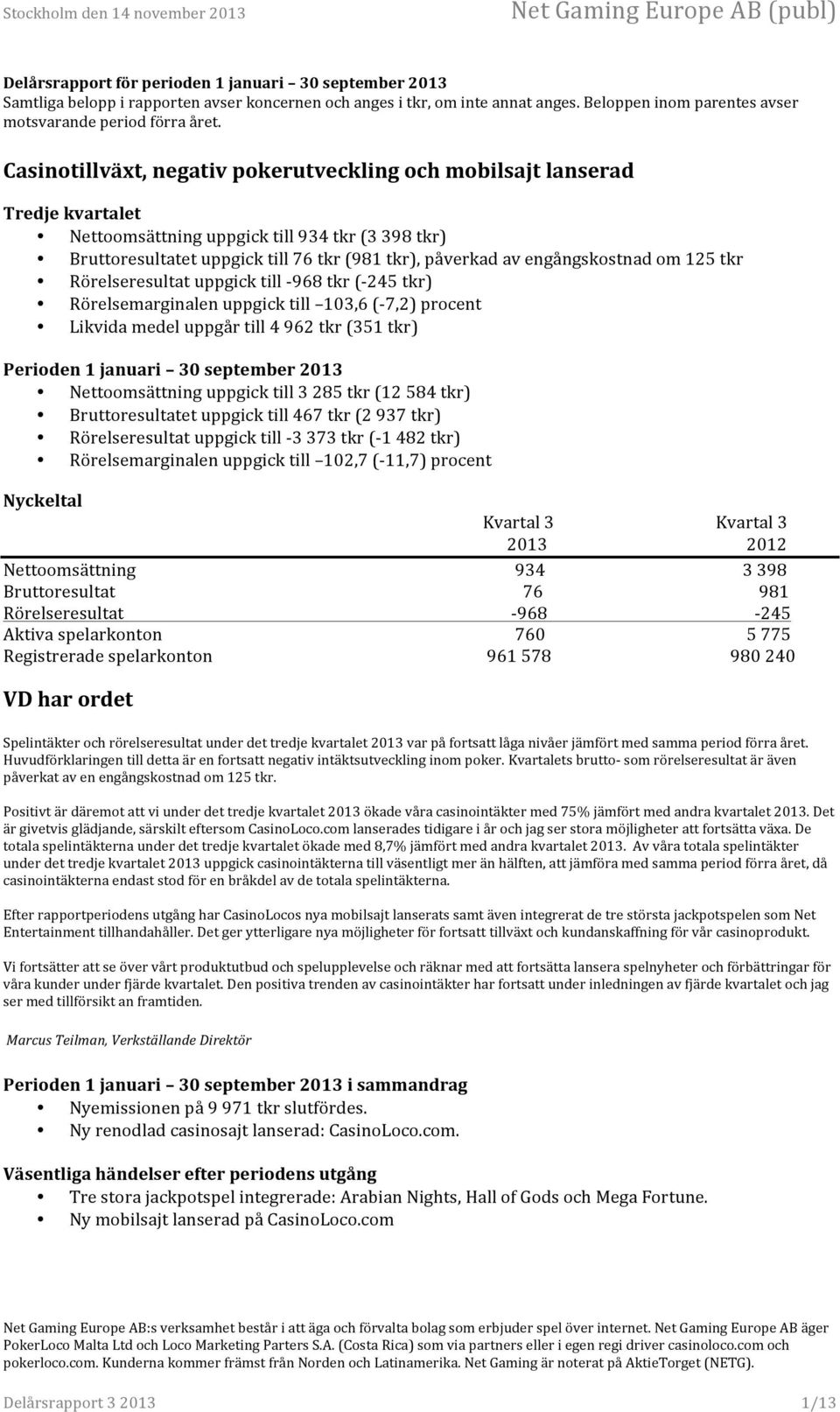 engångskostnad om 125 tkr Rörelseresultat uppgick till - 968 tkr (- 245 tkr) Rörelsemarginalen uppgick till 103,6 (- 7,2) procent Likvida medel uppgår till 4 962 tkr (351 tkr) Perioden 1 januari 30