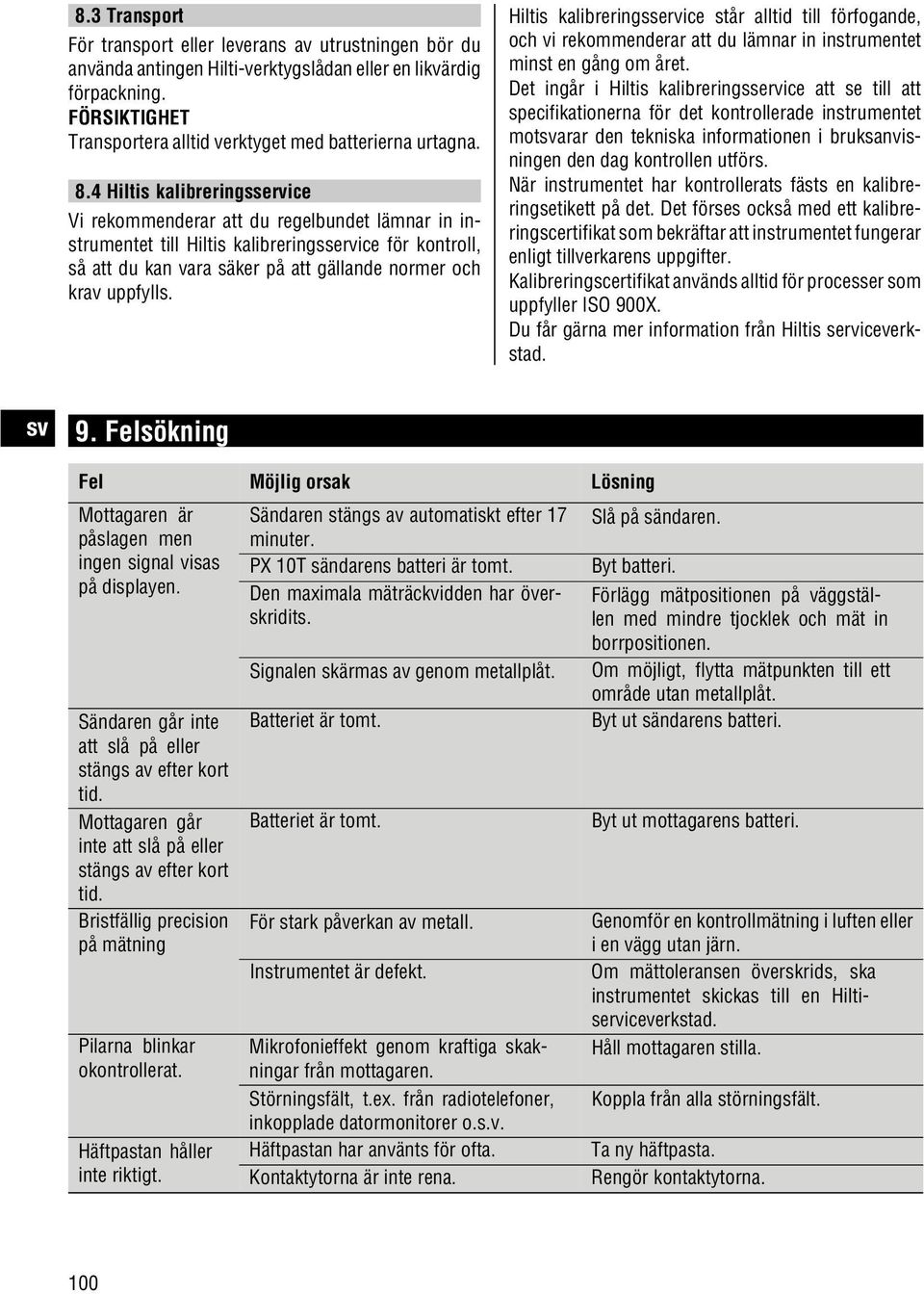 4 Hiltis kalibreringsservice Vi rekommenderar att du regelbundet lämnar in instrumentet till Hiltis kalibreringsservice för kontroll, så att du kan vara säker på att gällande normer och krav uppfylls.