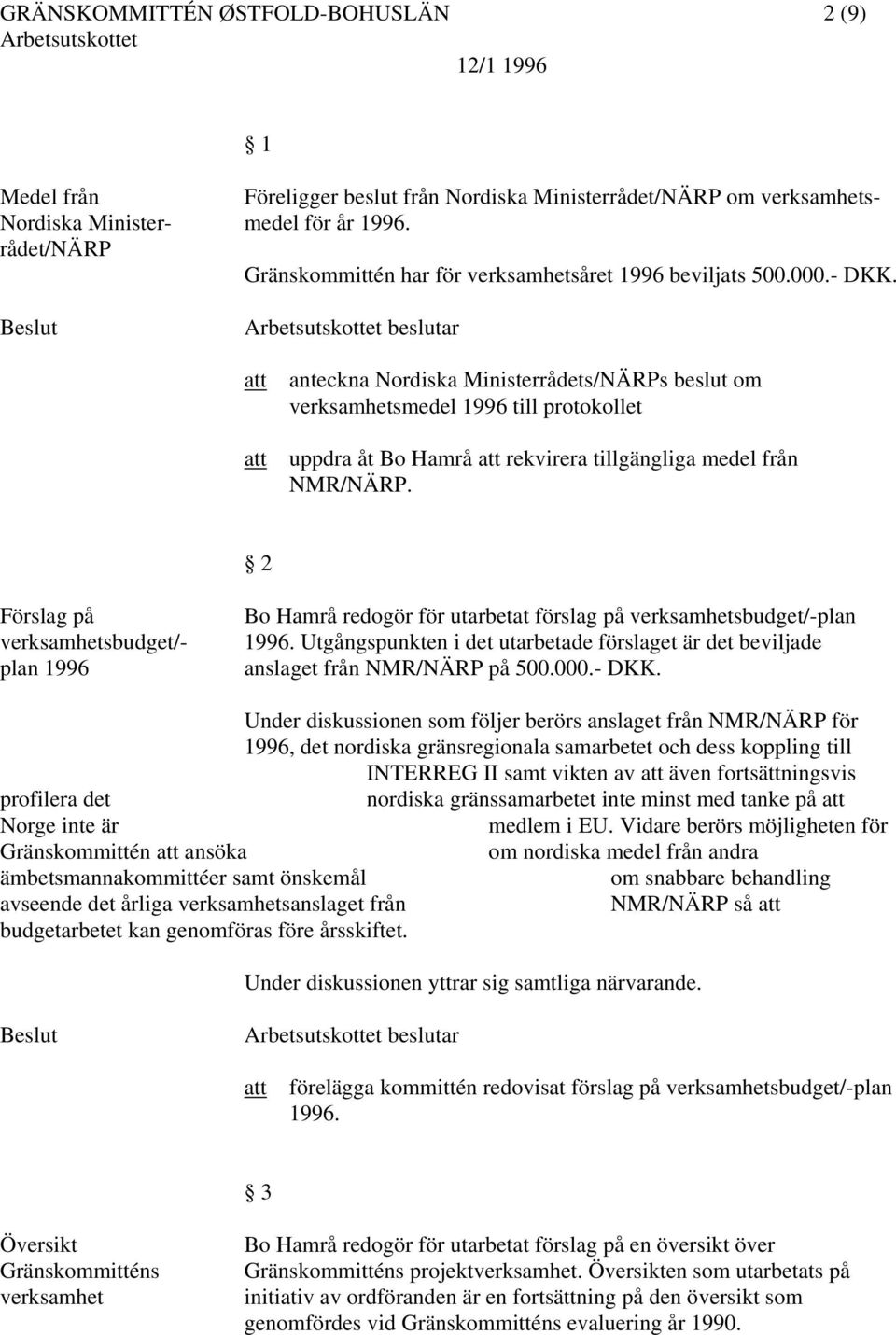 anteckna Nordiska Ministerrådets/NÄRPs beslut om verksamhetsmedel 1996 till protokollet uppdra åt Bo Hamrå rekvirera tillgängliga medel från NMR/NÄRP.