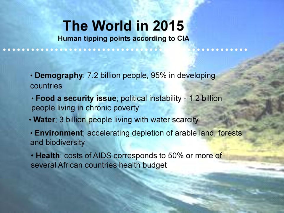 living in chronic poverty Water; 3 billion people living with water scarcity Environment; accelerating depletion