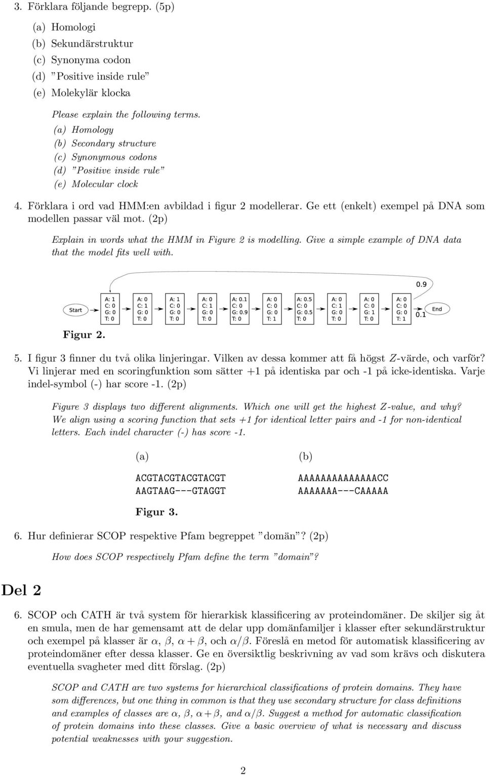 Ge ett (enkelt) exempel på DNA som modellen passar väl mot. (2p) Explain in words what the HMM in Figure 2 is modelling. Give a simple example of DNA data that the model fits well with. Figur 2. 5.