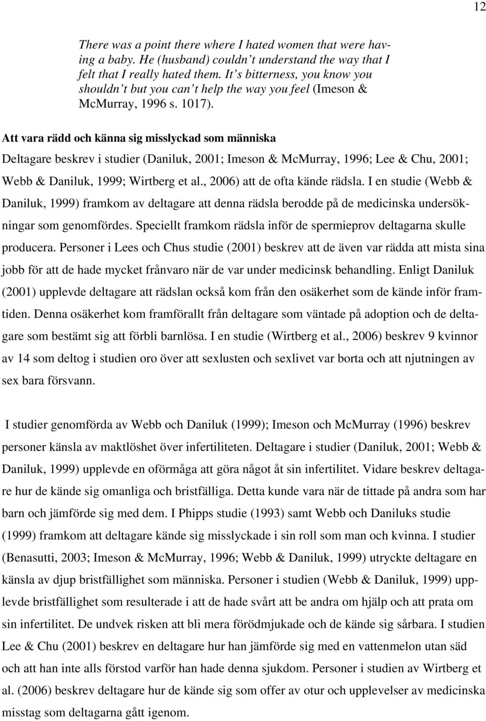 Att vara rädd och känna sig misslyckad som människa Deltagare beskrev i studier (Daniluk, 2001; Imeson & McMurray, 1996; Lee & Chu, 2001; Webb & Daniluk, 1999; Wirtberg et al.