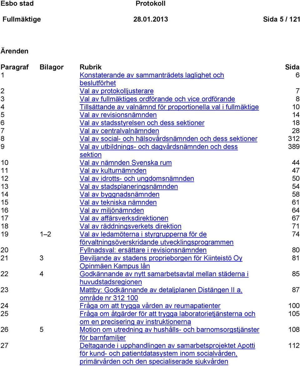 8 4 Tillsättande av valnämnd för proportionella val i fullmäktige 10 5 Val av revisionsnämnden 14 6 Val av stadsstyrelsen och dess sektioner 18 7 Val av centralvalnämnden 28 8 Val av social- och