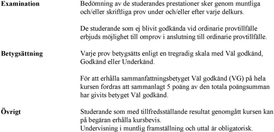 Betygsättning Varje prov betygsätts enligt en tregradig skala med Väl godkänd, Godkänd eller Underkänd.