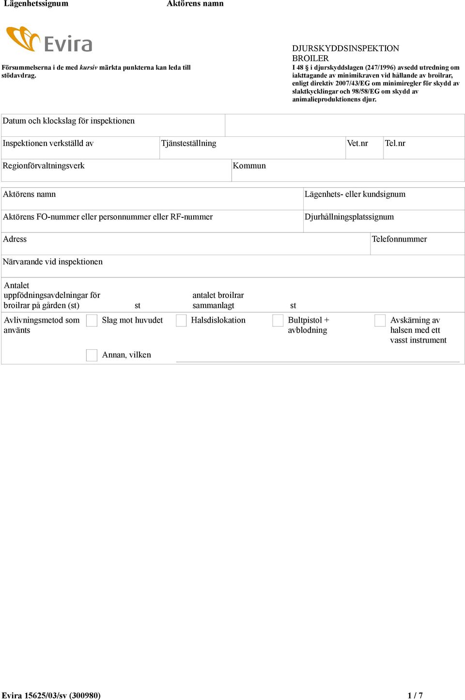 slaktkycklingar och 98/58/EG om skydd av animalieproduktionens djur. Datum och klockslag för inspektionen Inspektionen verkställd av Tjänsteställning Vet.nr Tel.