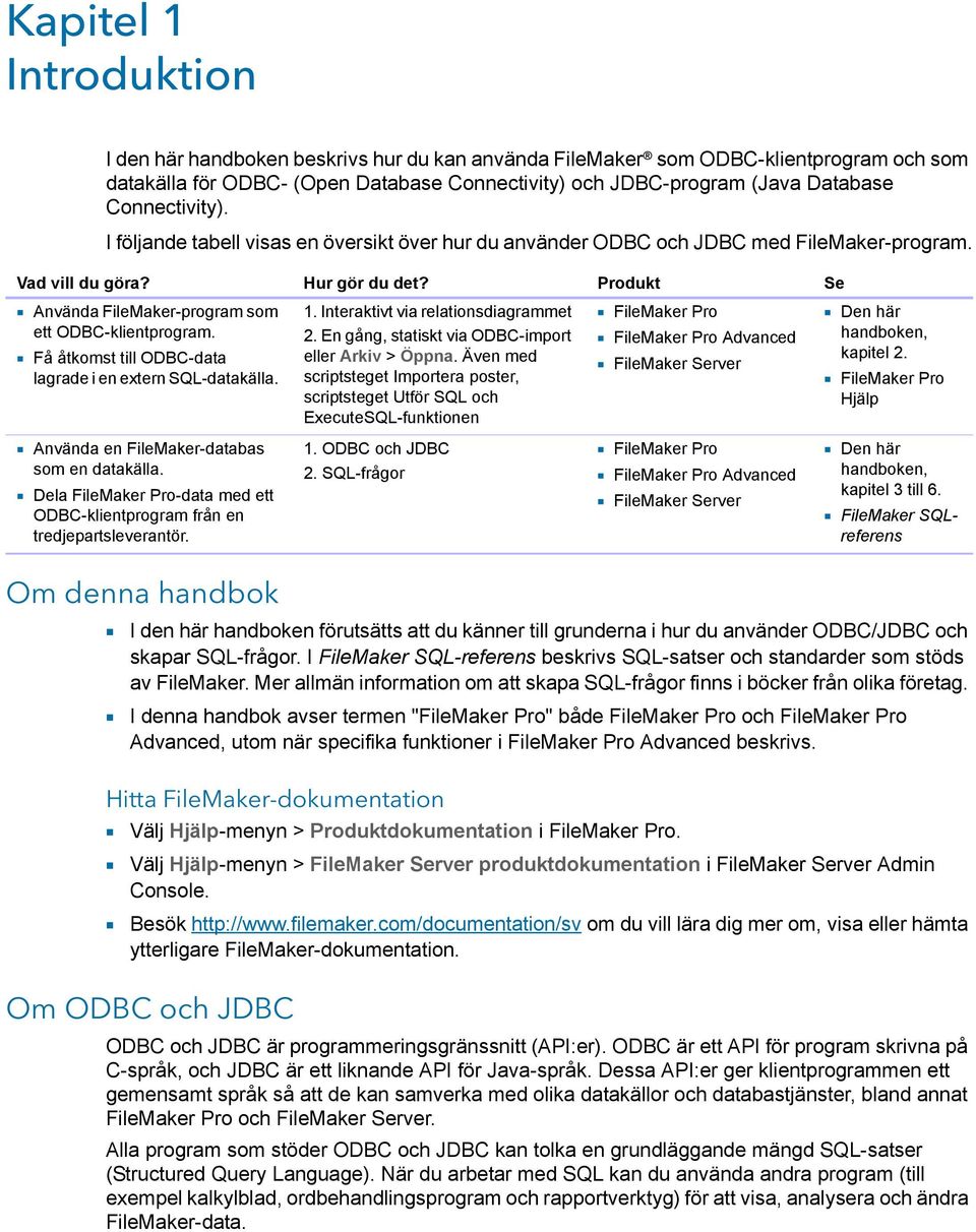Produkt Se 1 Använda FileMaker-program som ett ODBC-klientprogram. 1 Få åtkomst till ODBC-data lagrade i en extern SQL-datakälla. 1. Interaktivt via relationsdiagrammet 2.