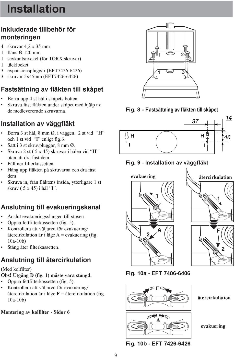 st vid H och st vid I enligt fig.6. Sätt i st skruvpluggar, 8 mm Ø. Skruva st ( 5 x 5) skruvar i hålen vid H utan att dra fast dem. äll ner filterkassetten.