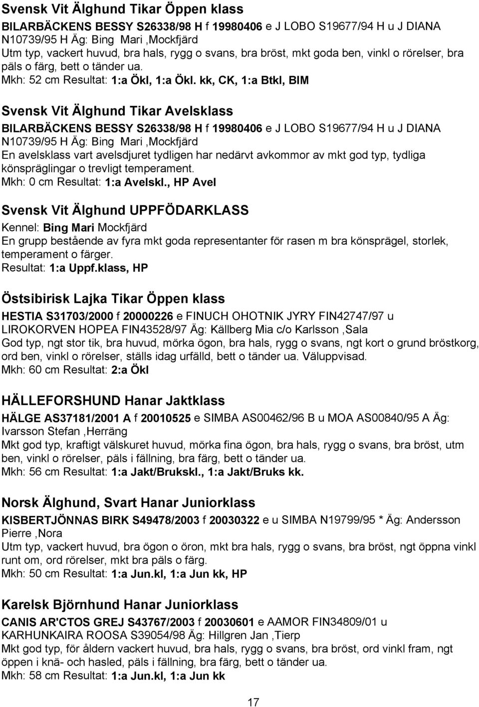 kk, CK, 1:a Btkl, BIM Svensk Vit Älghund Tikar Avelsklass BILARBÄCKENS BESSY S26338/98 H f 19980406 e J LOBO S19677/94 H u J DIANA N10739/95 H Äg: Bing Mari,Mockfjärd En avelsklass vart avelsdjuret