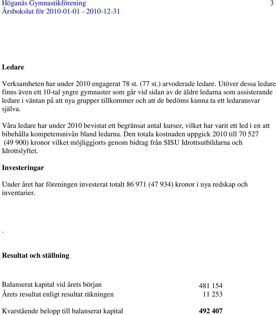 ledaransvar själva. Våra ledare har under 2010 bevistat ett begränsat antal kurser, vilket har varit ett led i en att bibehålla kompetensnivån bland ledarna.